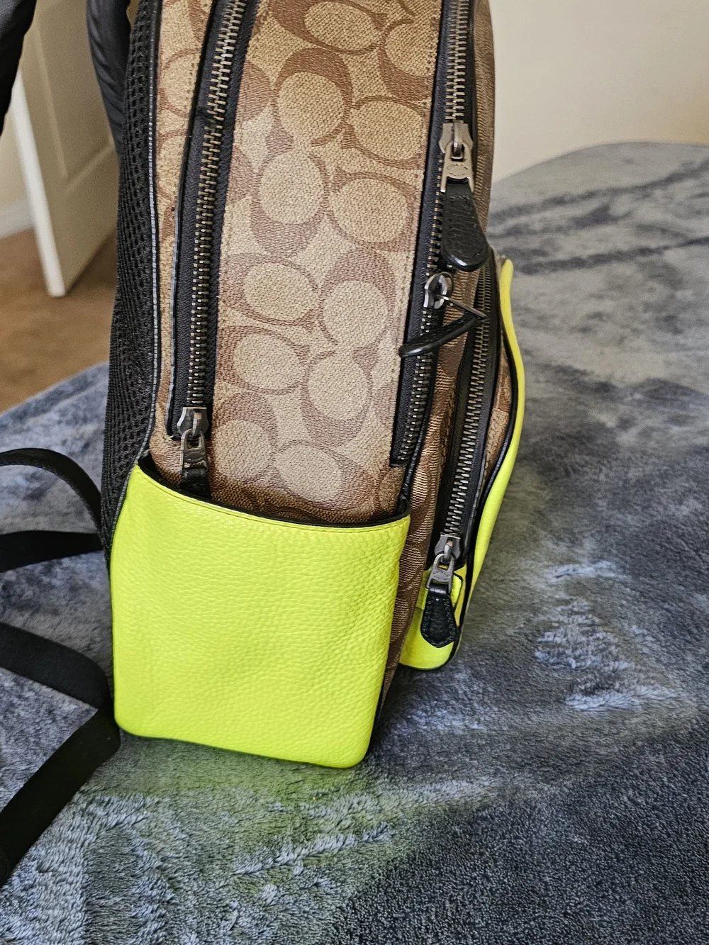 Coach Signature Canvas Backpack with Neon Yellow Pocket